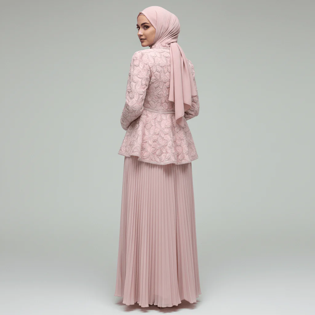 2-Piece Pearl Beaded 3D Rose Embroidered Jacket & Chiffon Pleated Maxi Dress Set(MS401) - Image 10