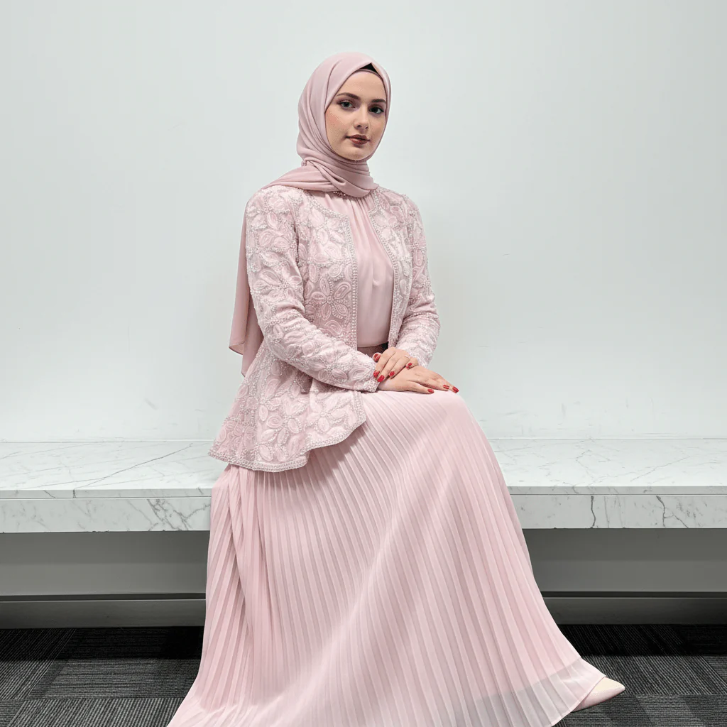 2-Piece Pearl Beaded 3D Rose Embroidered Jacket & Chiffon Pleated Maxi Dress Set(MS401) - Image 2