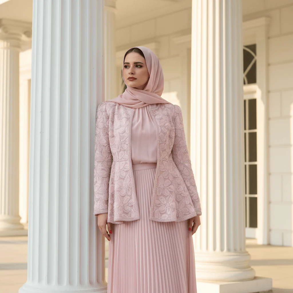 2-Piece Pearl Beaded 3D Rose Embroidered Jacket & Chiffon Pleated Maxi Dress Set(MS401) - Image 3