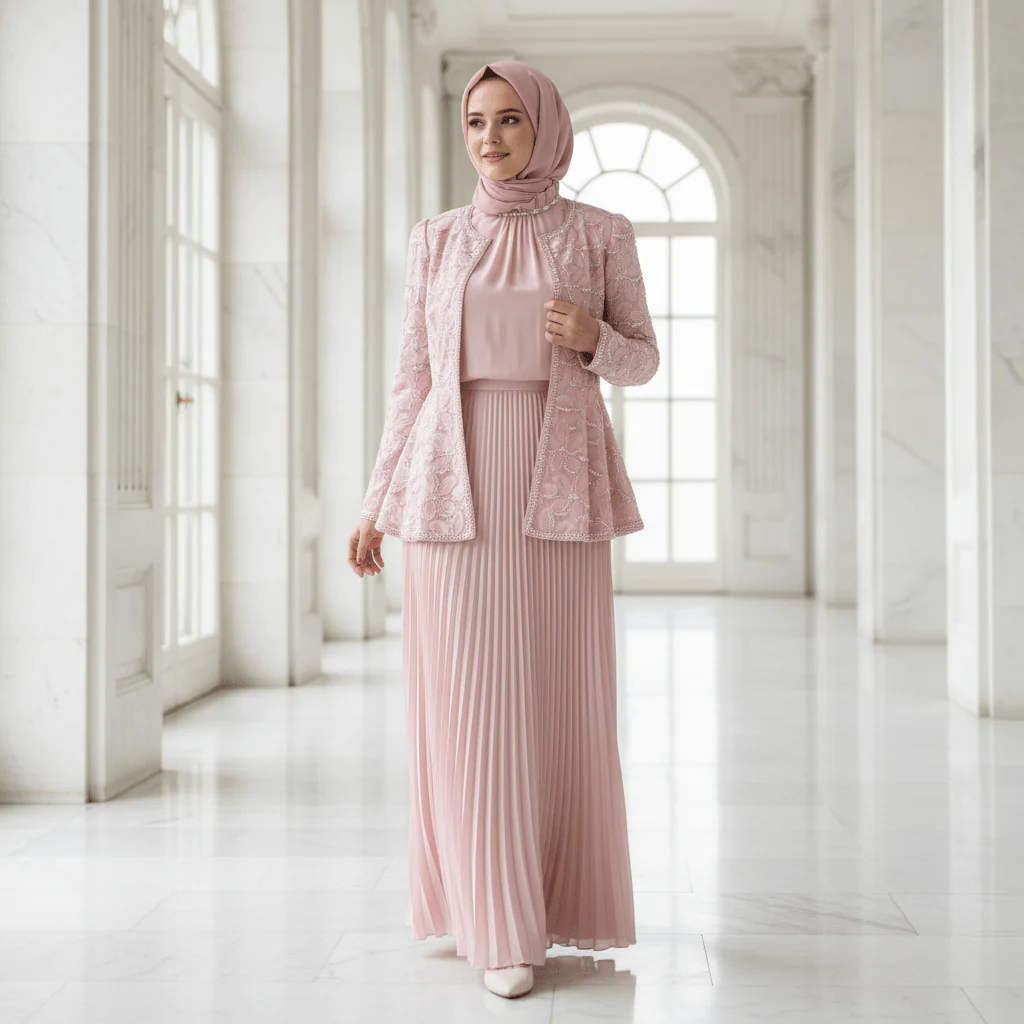 2-Piece Pearl Beaded 3D Rose Embroidered Jacket & Chiffon Pleated Maxi Dress Set(MS401) - Image 4