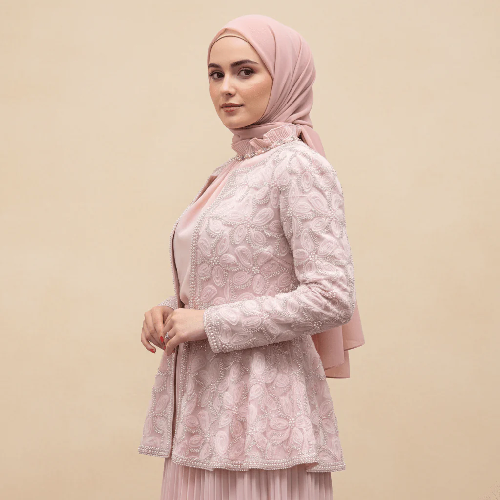 2-Piece Pearl Beaded 3D Rose Embroidered Jacket & Chiffon Pleated Maxi Dress Set(MS401) - Image 5
