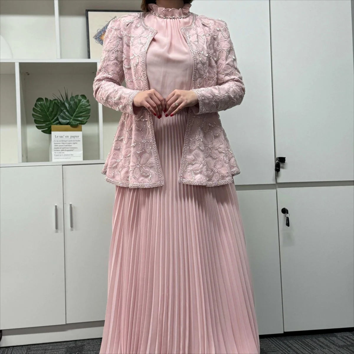 2-Piece Pearl Beaded 3D Rose Embroidered Jacket & Chiffon Pleated Maxi Dress Set(MS401) - Image 6