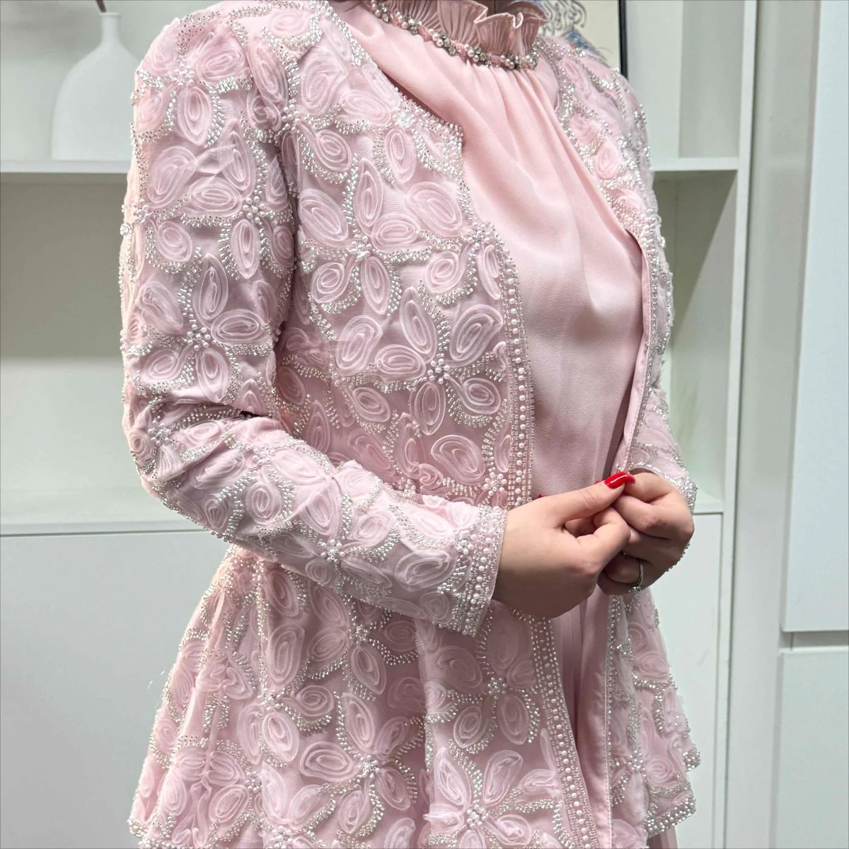 2-Piece Pearl Beaded 3D Rose Embroidered Jacket & Chiffon Pleated Maxi Dress Set(MS401) - Image 7