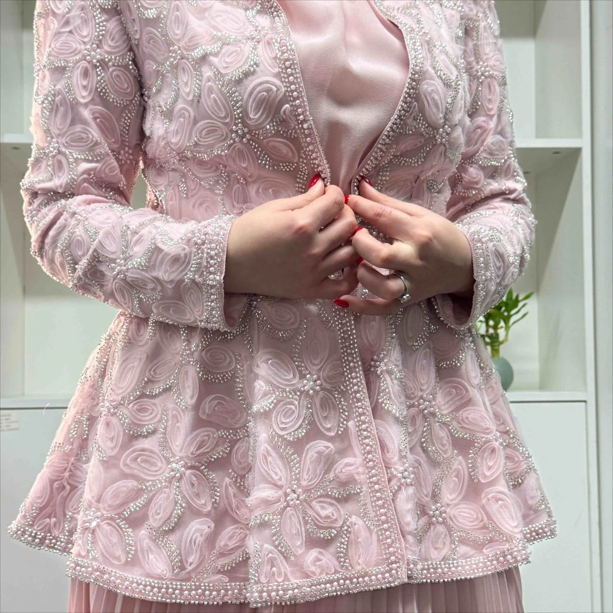 2-Piece Pearl Beaded 3D Rose Embroidered Jacket & Chiffon Pleated Maxi Dress Set(MS401) - Image 8