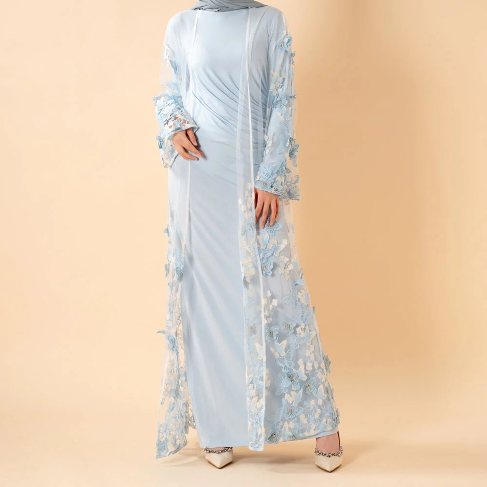 3D Butterfly Embroidered Open Abaya Cardigan with Waist Belt(MOA303)