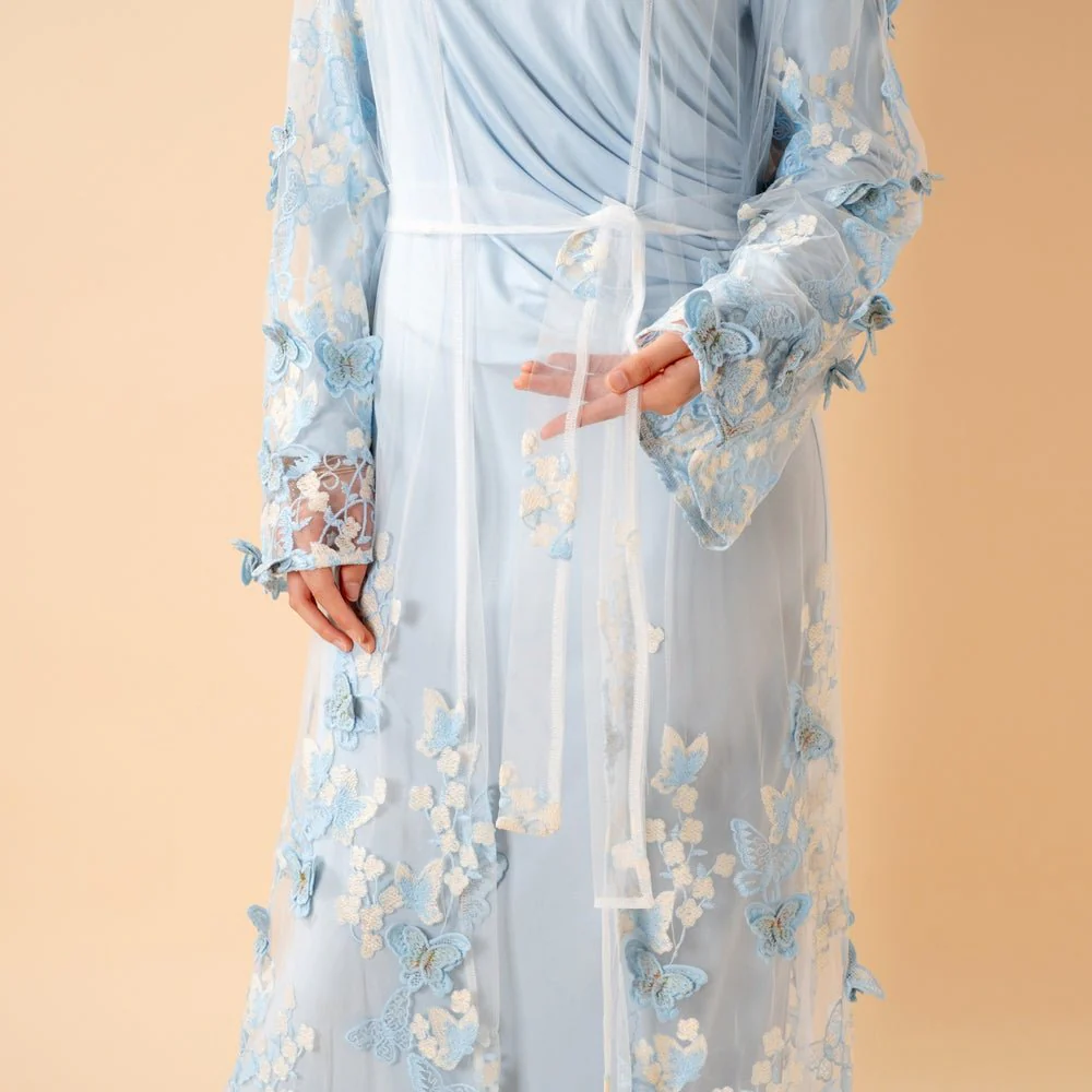 3D Butterfly Embroidered Open Abaya Cardigan with Waist Belt(MOA303) - Image 2