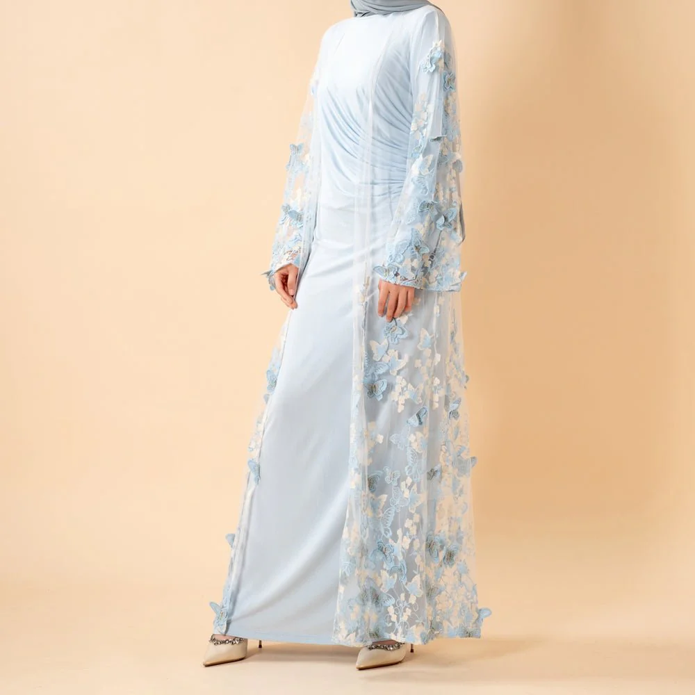 3D Butterfly Embroidered Open Abaya Cardigan with Waist Belt(MOA303) - Image 3