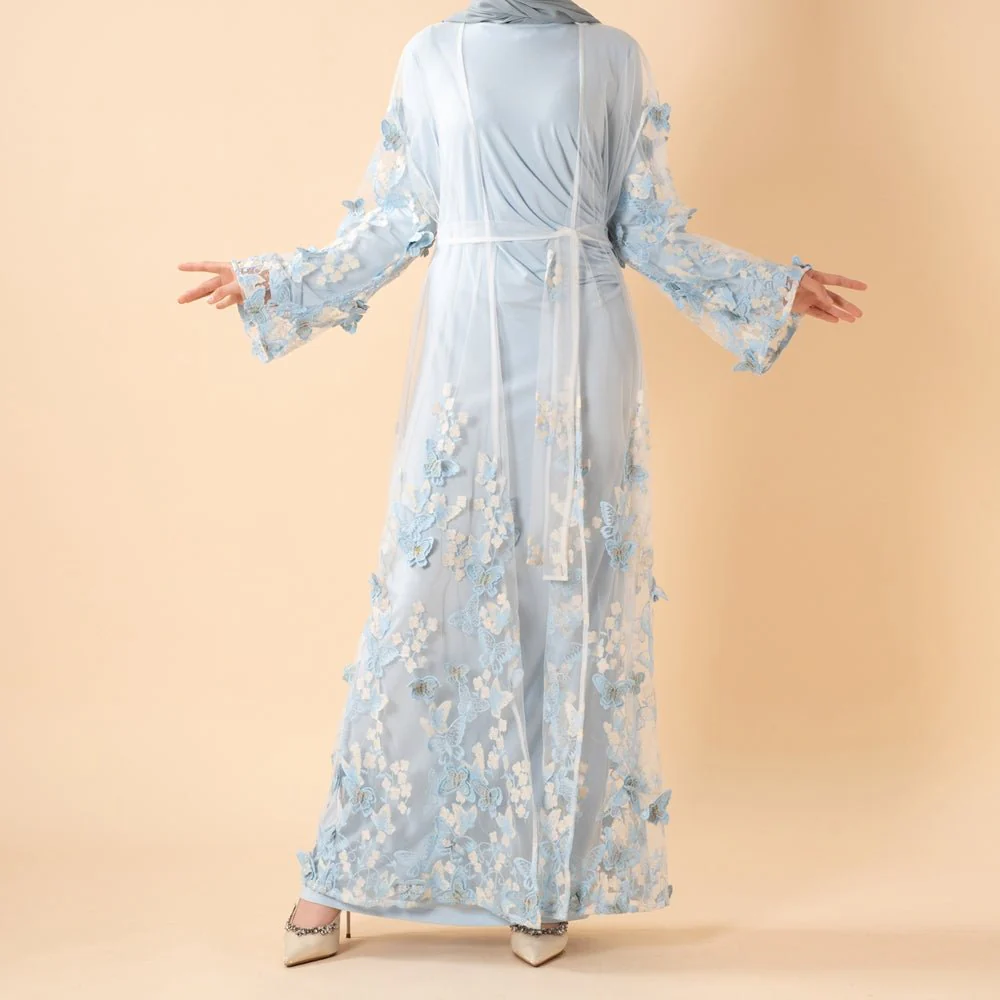 3D Butterfly Embroidered Open Abaya Cardigan with Waist Belt(MOA303) - Image 4
