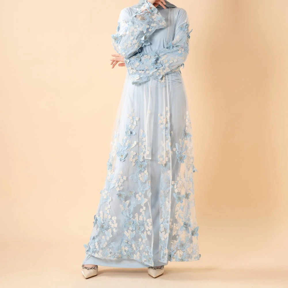 3D Butterfly Embroidered Open Abaya Cardigan with Waist Belt(MOA303) - Image 5