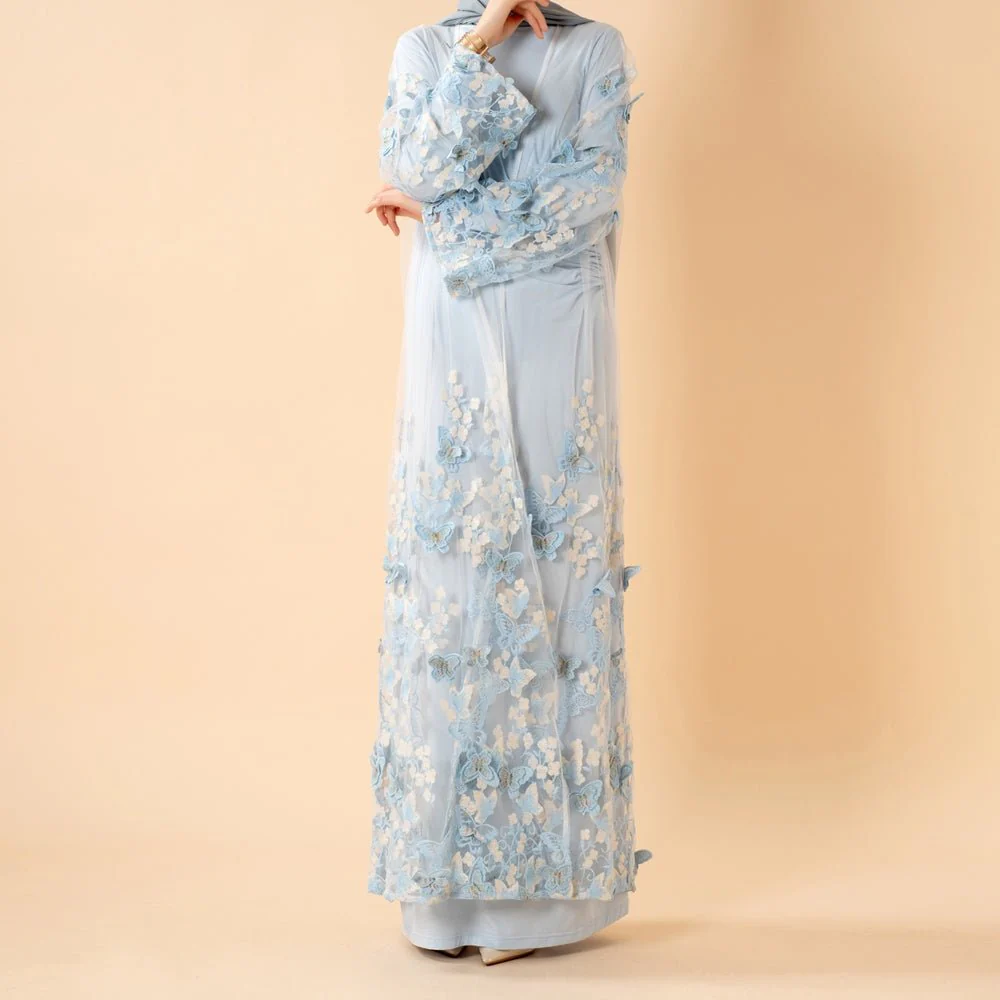 3D Butterfly Embroidered Open Abaya Cardigan with Waist Belt(MOA303) - Image 6