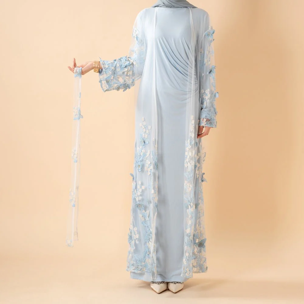 3D Butterfly Embroidered Open Abaya Cardigan with Waist Belt(MOA303) - Image 7