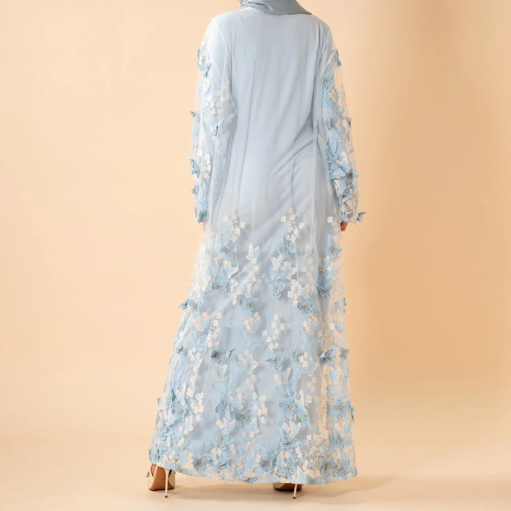 3D Butterfly Embroidered Open Abaya Cardigan with Waist Belt(MOA303) - Image 8