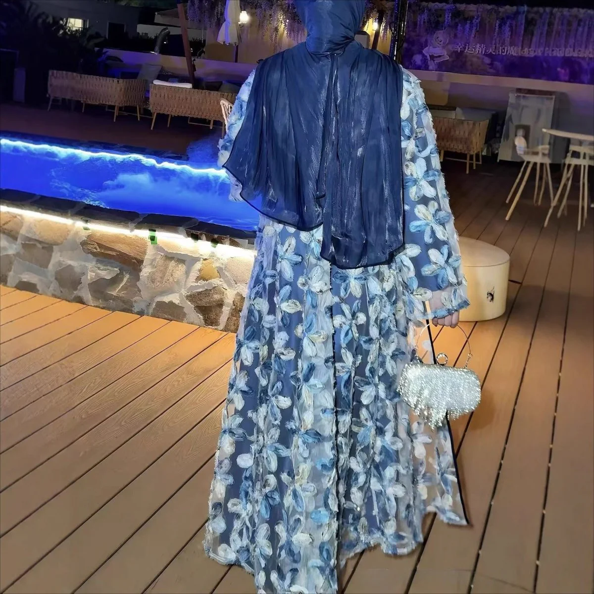 3D Floral Embroidered Mesh Open Abaya Set(MOA302) - Image 3