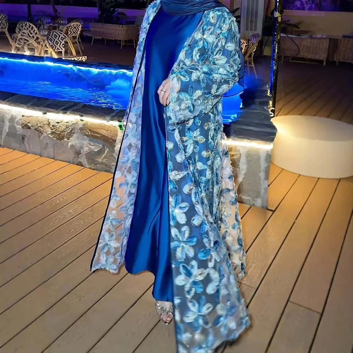 3D Floral Embroidered Mesh Open Abaya Set(MOA302) - Image 4