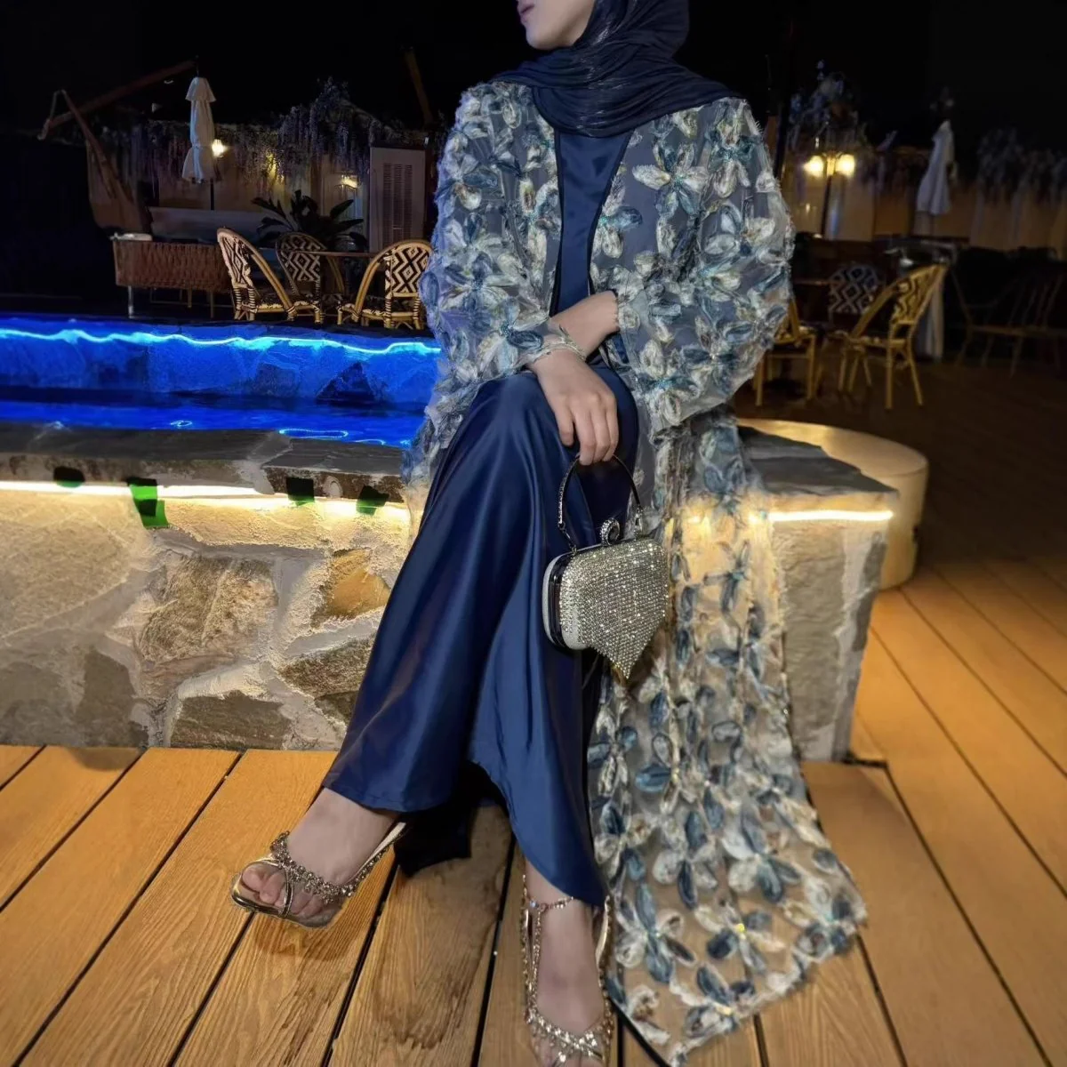 3D Floral Embroidered Mesh Open Abaya Set(MOA302) - Image 5