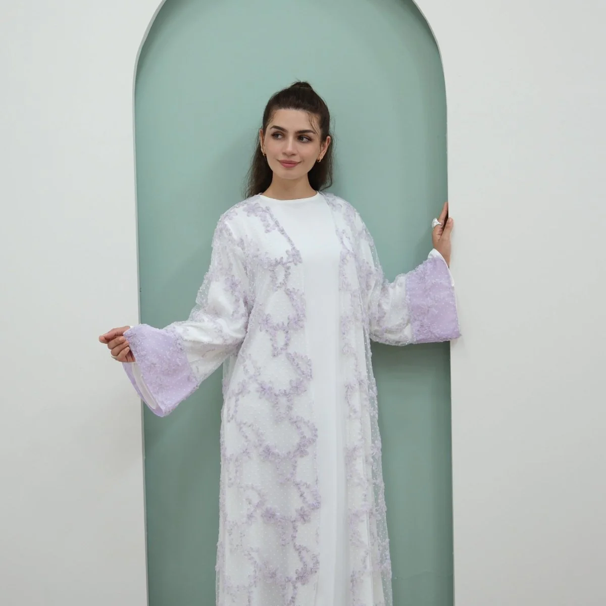 3D Floral Mesh Open Abaya (MOA288)