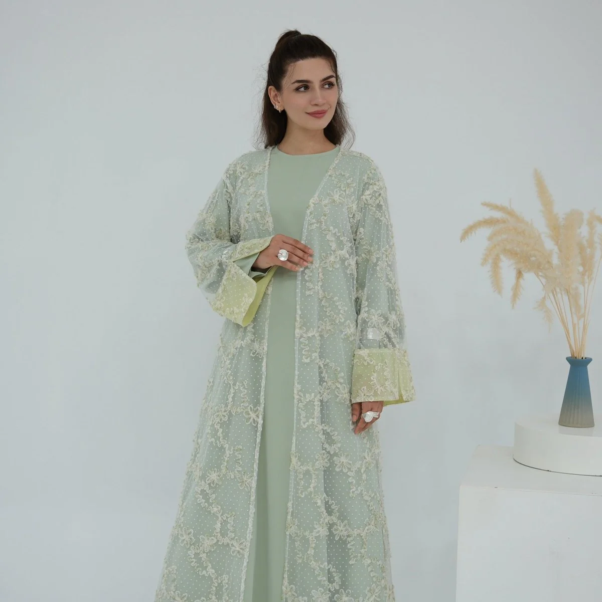 3D Floral Mesh Open Abaya (MOA288) - Image 14