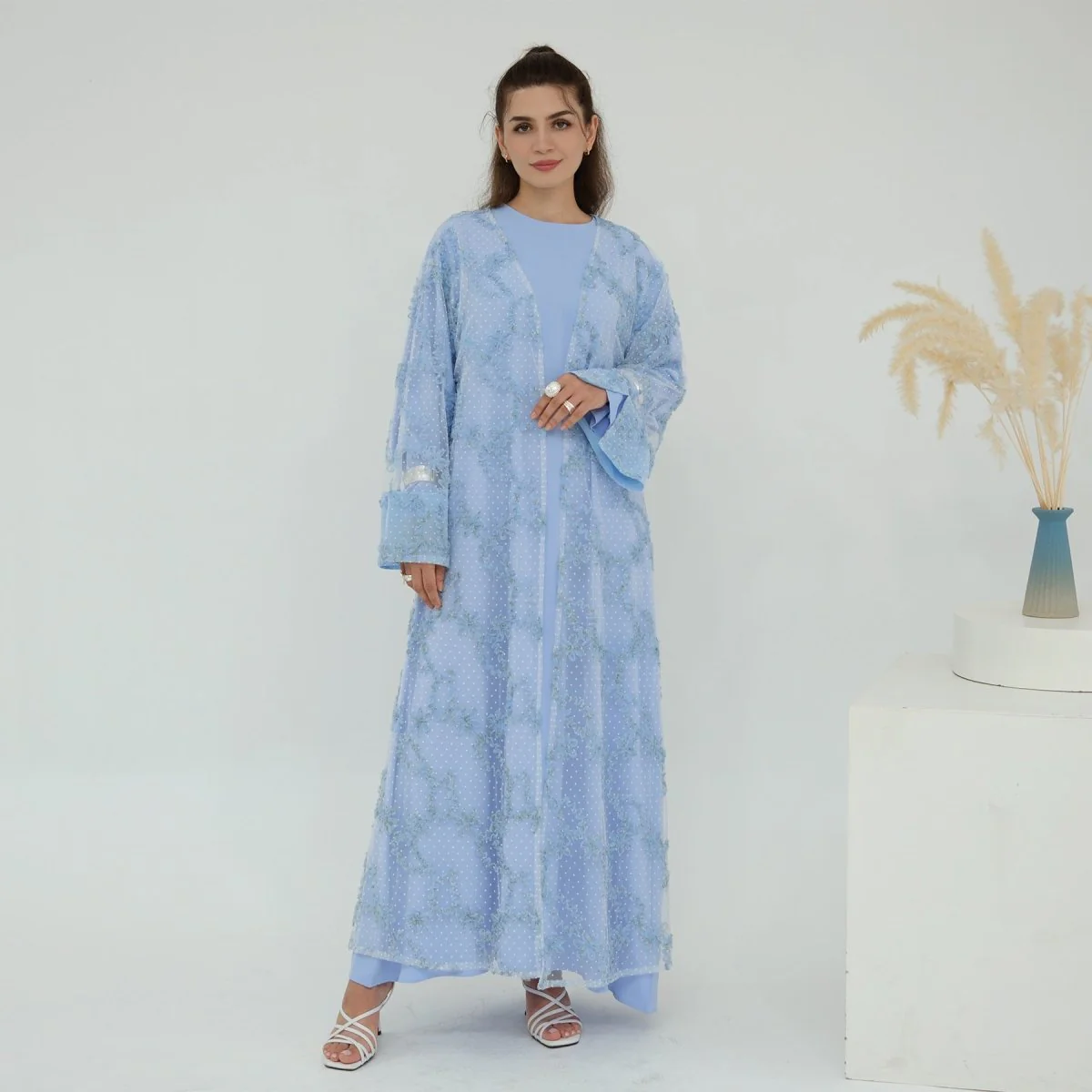 3D Floral Mesh Open Abaya (MOA288) - Image 7