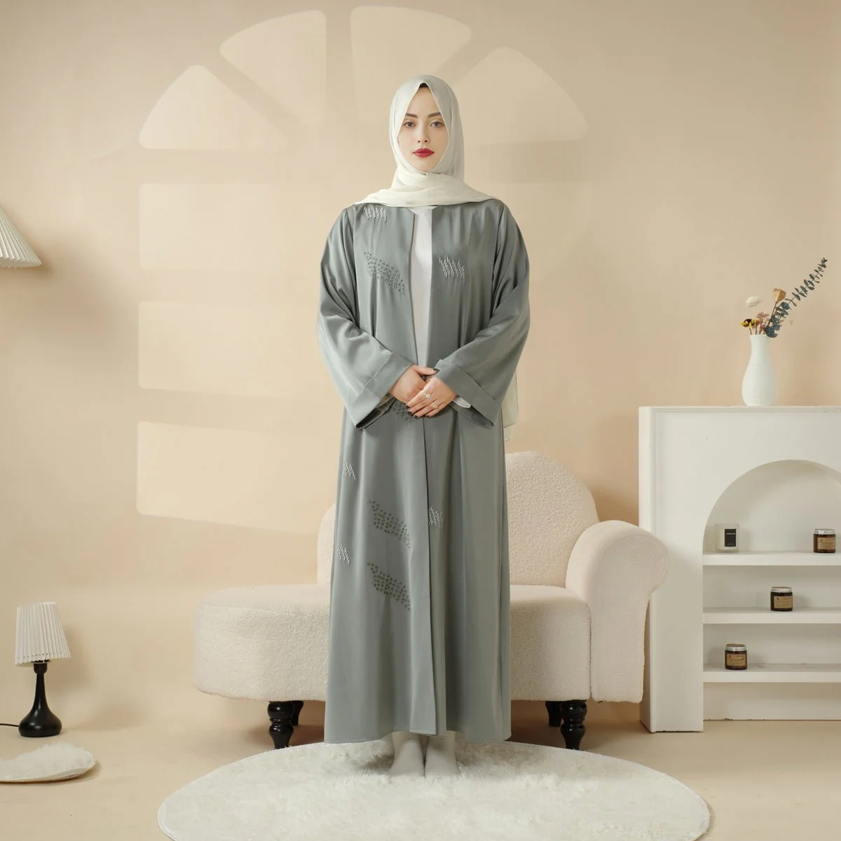 3D Embroidery Abaya With Geometric Beads. 3D Embroidered Open Abaya (MOA085) - Image 10