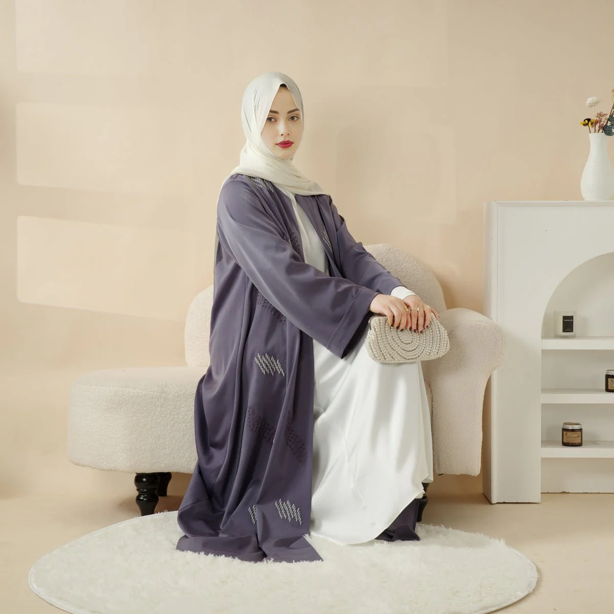 3D Embroidery Abaya With Geometric Beads. 3D Embroidered Open Abaya (MOA085) - Image 12