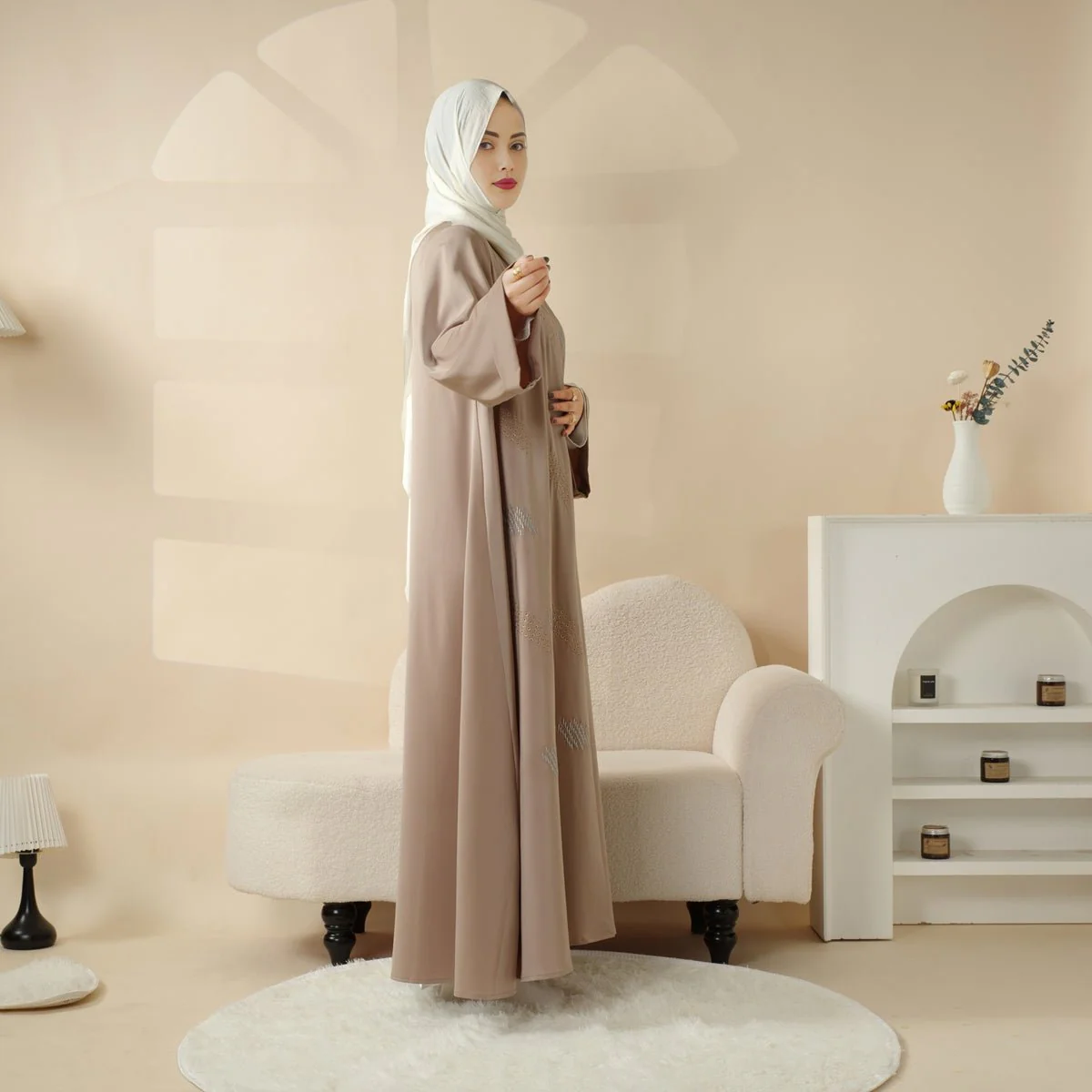 3D Embroidery Abaya With Geometric Beads. 3D Embroidered Open Abaya (MOA085) - Image 13
