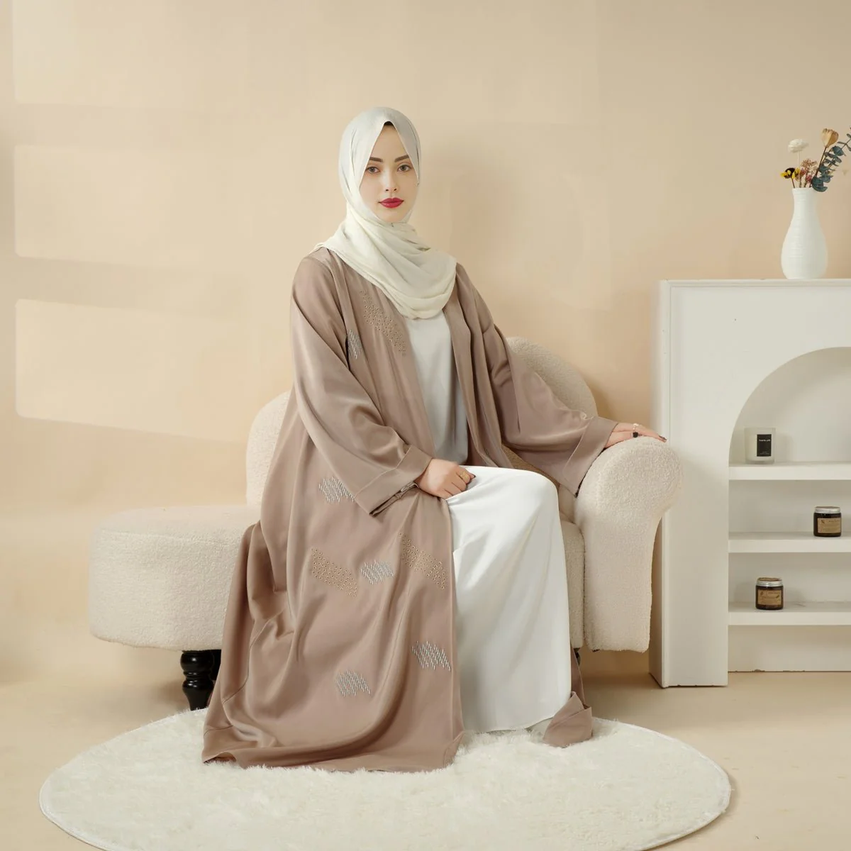 3D Embroidery Abaya With Geometric Beads. 3D Embroidered Open Abaya (MOA085) - Image 14