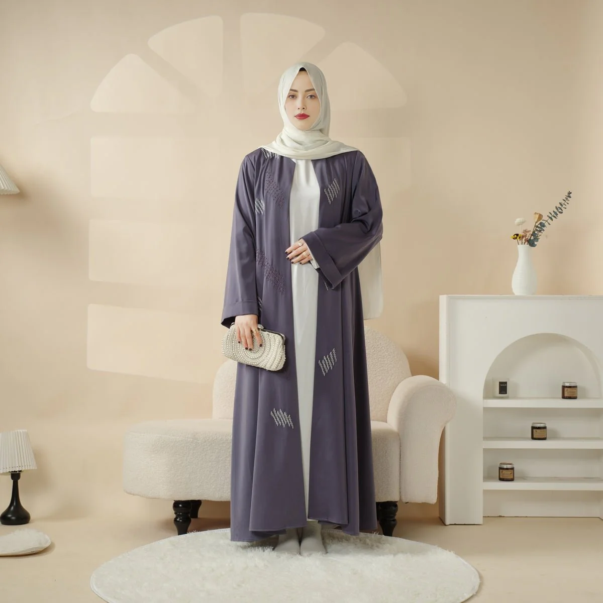 3D Embroidery Abaya With Geometric Beads. 3D Embroidered Open Abaya (MOA085) - Image 6