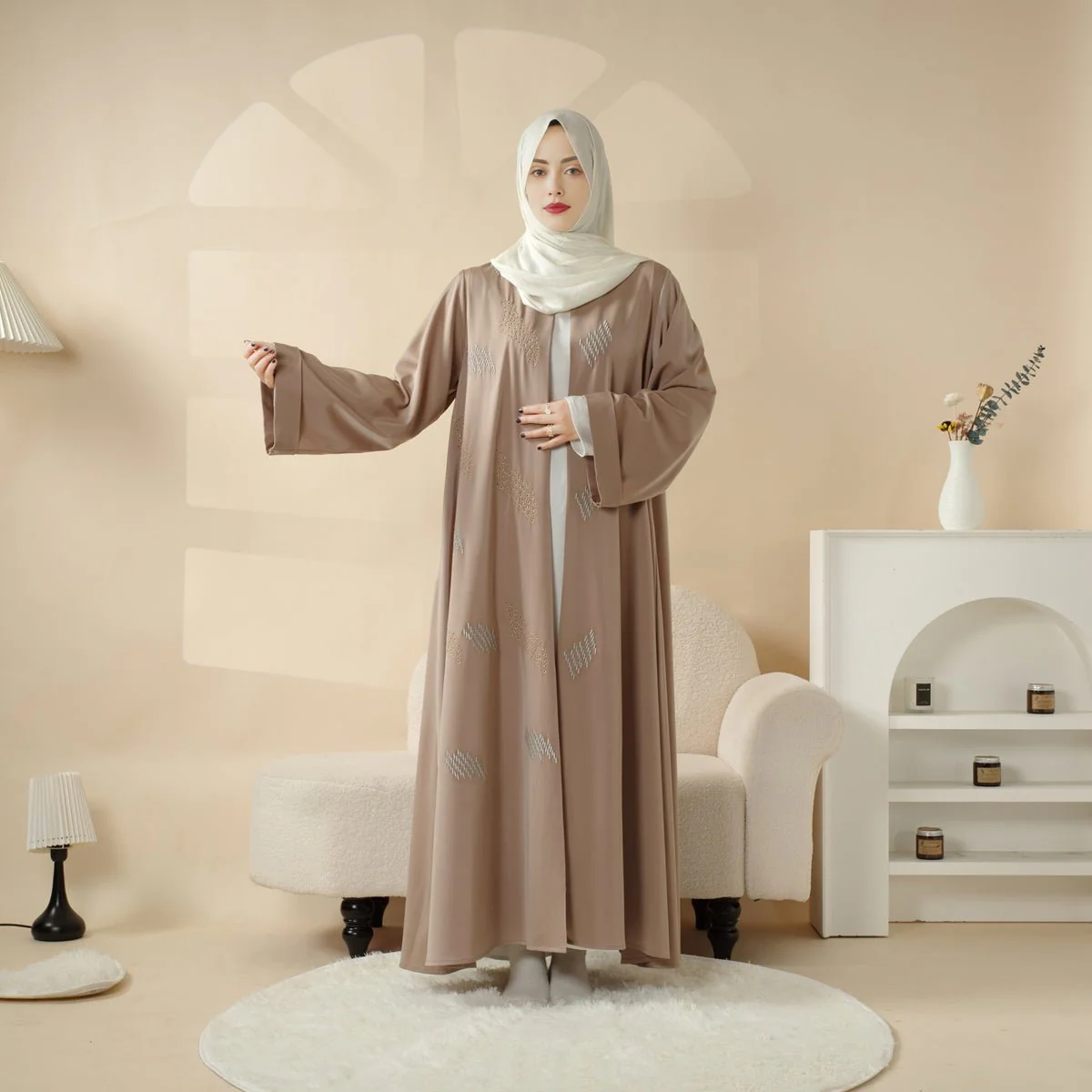 3D Embroidery Abaya With Geometric Beads. 3D Embroidered Open Abaya (MOA085) - Image 7