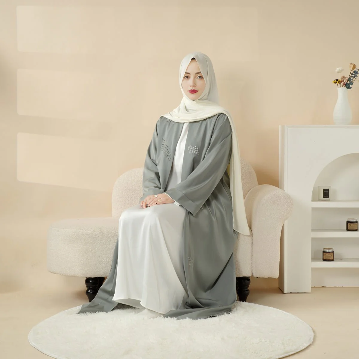3D Embroidery Abaya With Geometric Beads. 3D Embroidered Open Abaya (MOA085) - Image 8