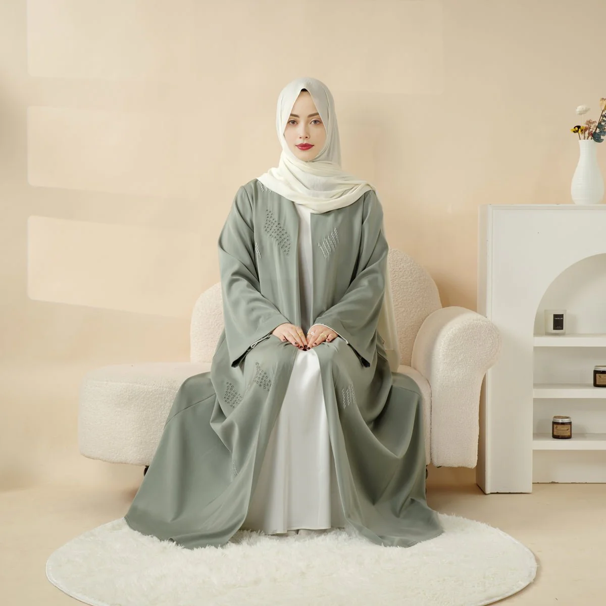 3D Embroidery Abaya With Geometric Beads. 3D Embroidered Open Abaya (MOA085) - Image 9