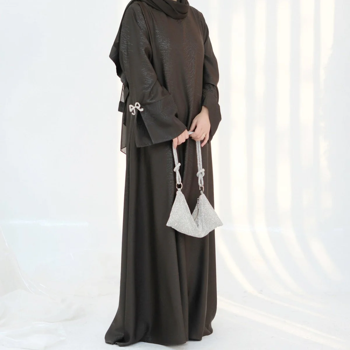 3D Jacquard Bow Abaya & Hijab Set | Butterfly Sleeve Brocade Dress(MA352) - Image 10