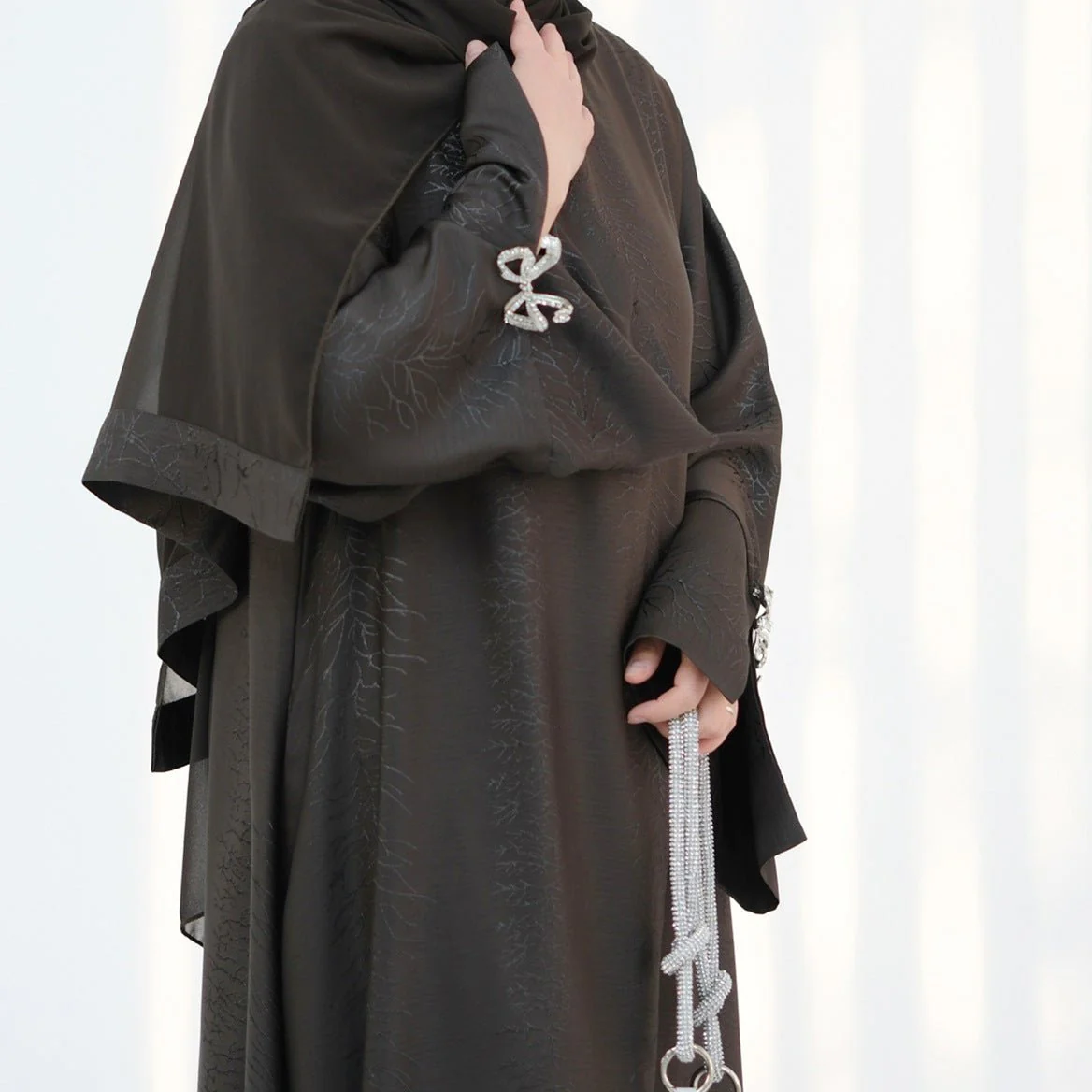 3D Jacquard Bow Abaya & Hijab Set | Butterfly Sleeve Brocade Dress(MA352) - Image 12