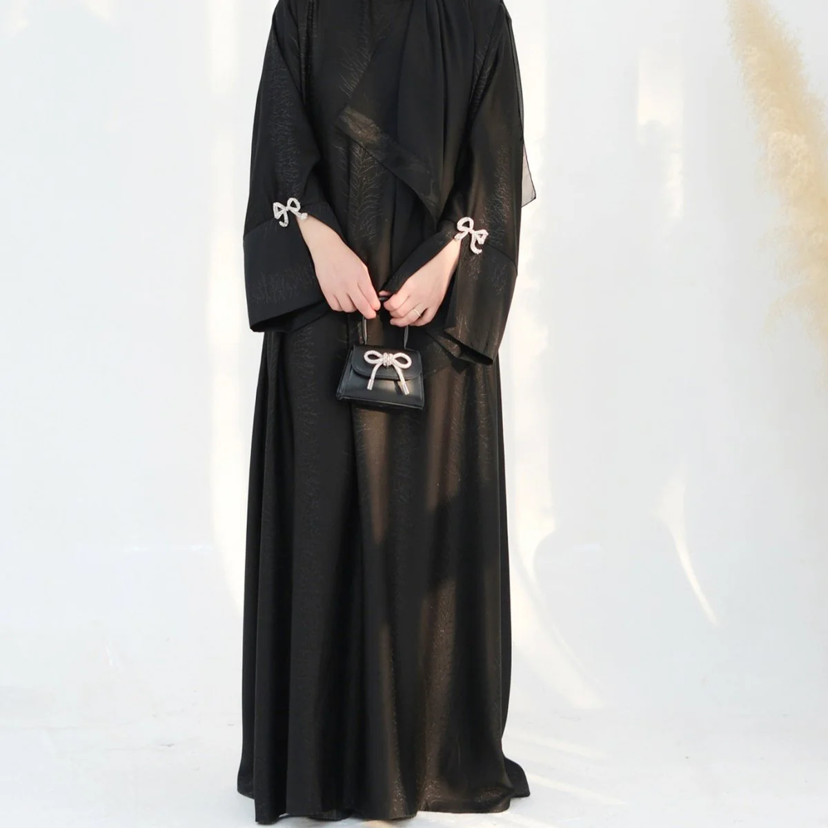3D Jacquard Bow Abaya & Hijab Set | Butterfly Sleeve Brocade Dress(MA352) - Image 13