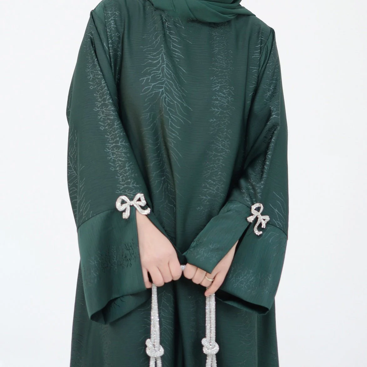 3D Jacquard Bow Abaya & Hijab Set | Butterfly Sleeve Brocade Dress(MA352) - Image 14