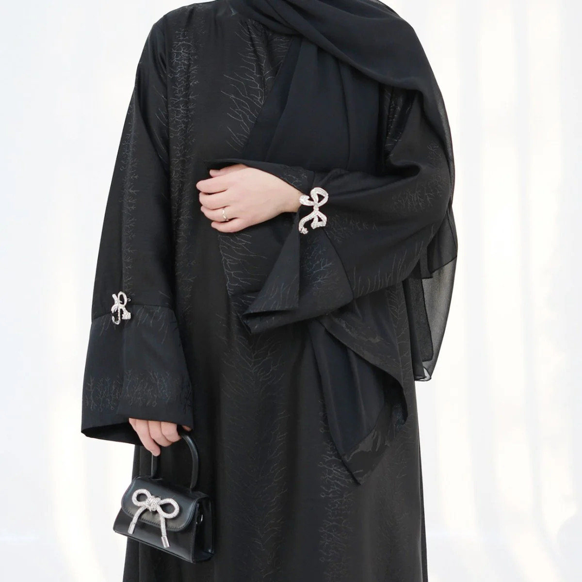 3D Jacquard Bow Abaya & Hijab Set | Butterfly Sleeve Brocade Dress(MA352) - Image 17