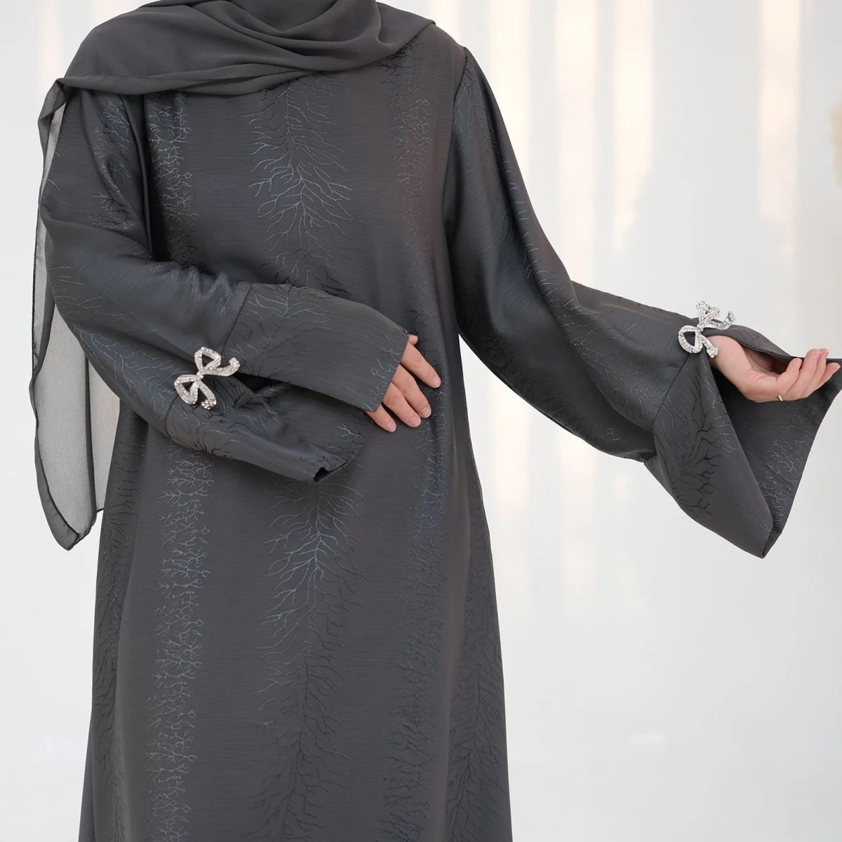 3D Jacquard Bow Abaya & Hijab Set | Butterfly Sleeve Brocade Dress(MA352) - Image 18