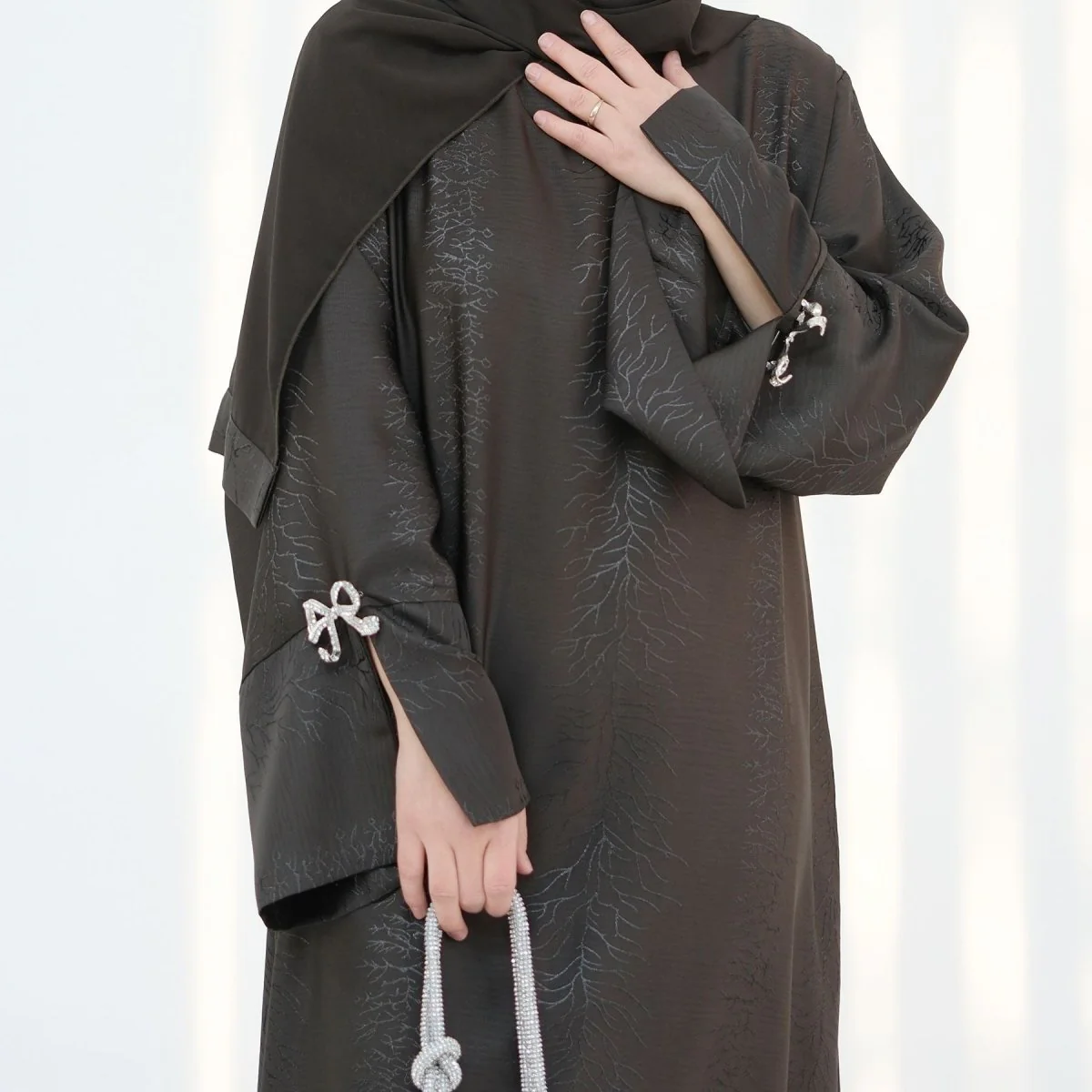 3D Jacquard Bow Abaya & Hijab Set | Butterfly Sleeve Brocade Dress(MA352) - Image 19