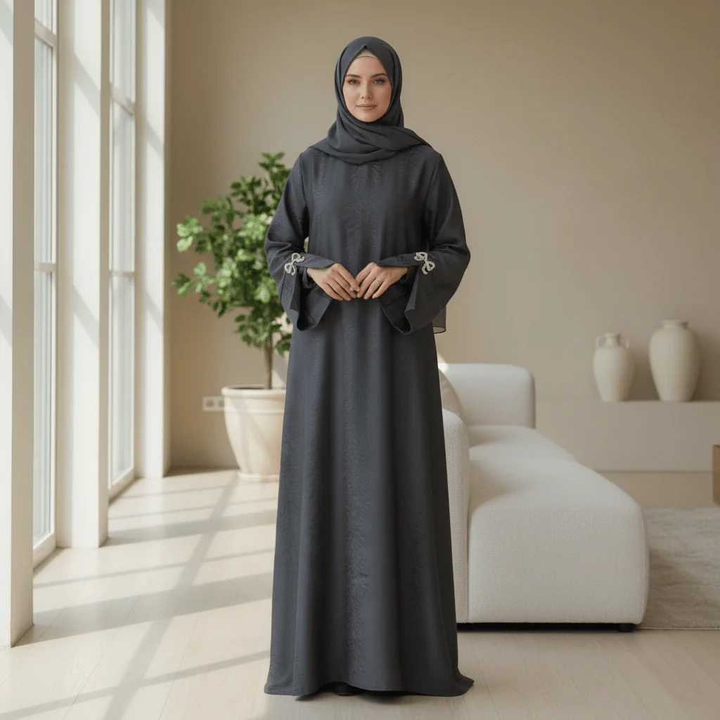 3D Jacquard Bow Abaya & Hijab Set | Butterfly Sleeve Brocade Dress(MA352) - Image 2