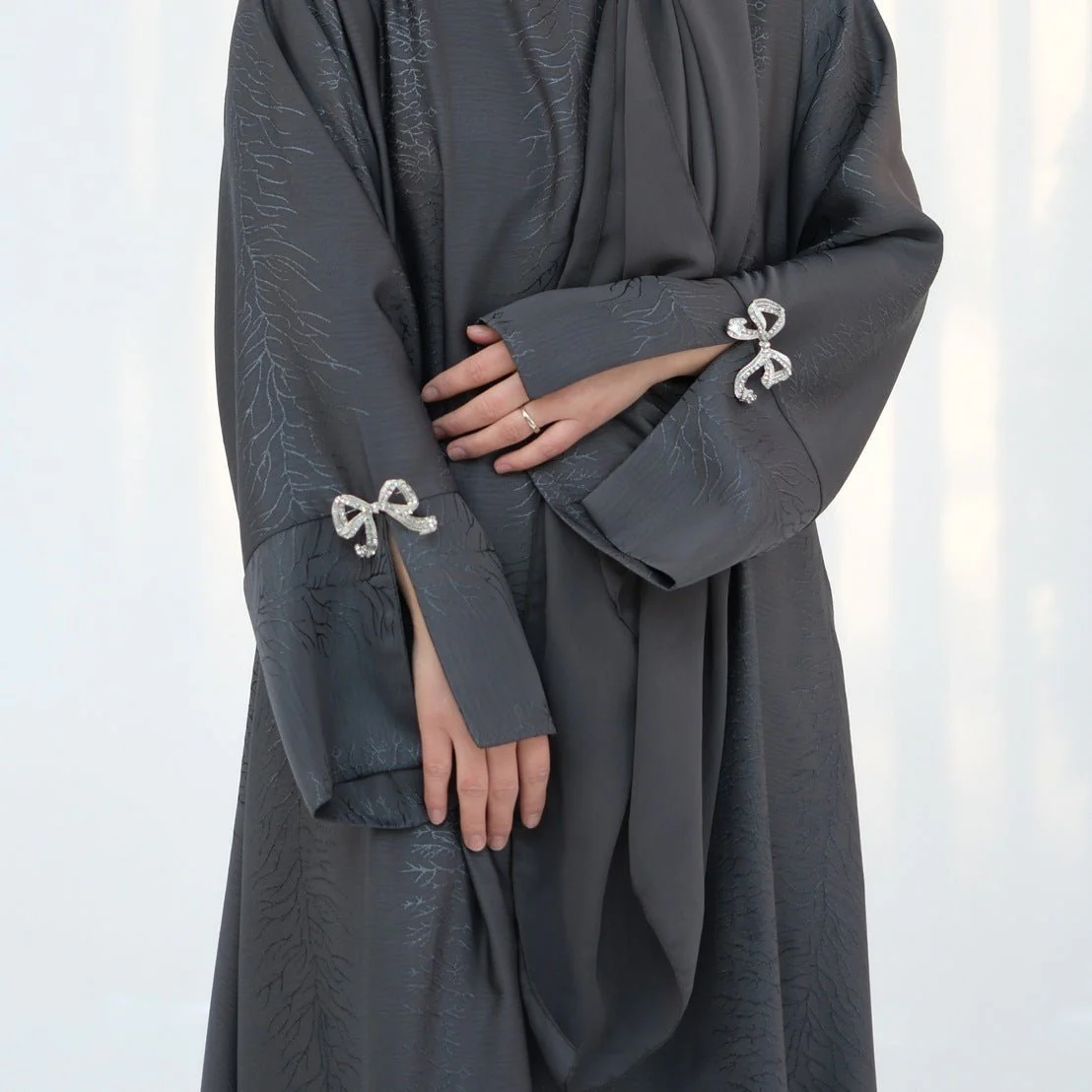3D Jacquard Bow Abaya & Hijab Set | Butterfly Sleeve Brocade Dress(MA352) - Image 3