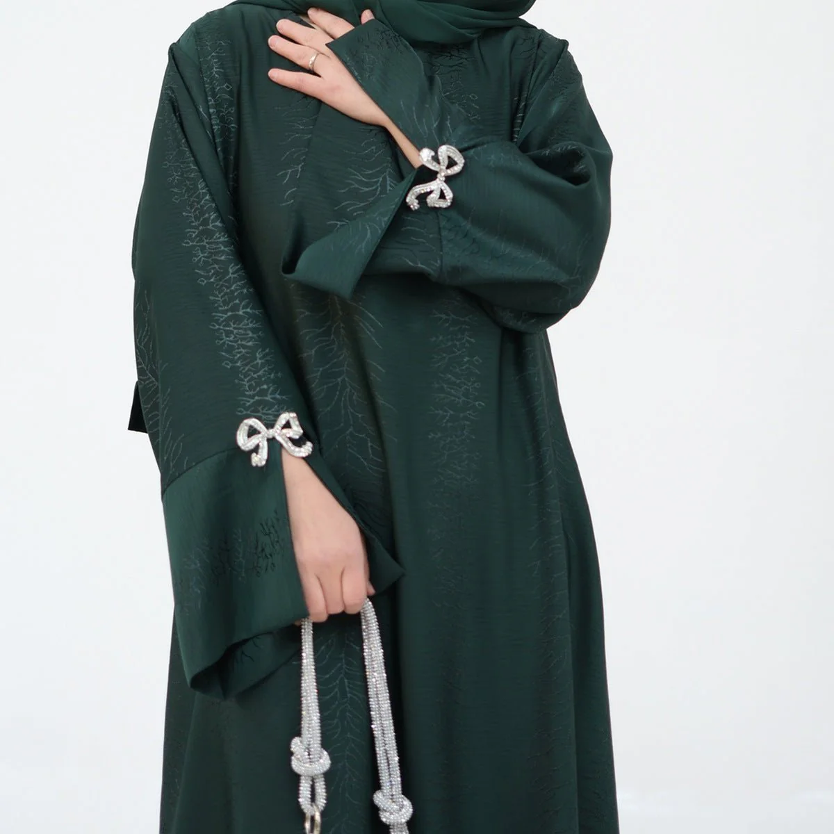 3D Jacquard Bow Abaya & Hijab Set | Butterfly Sleeve Brocade Dress(MA352) - Image 4