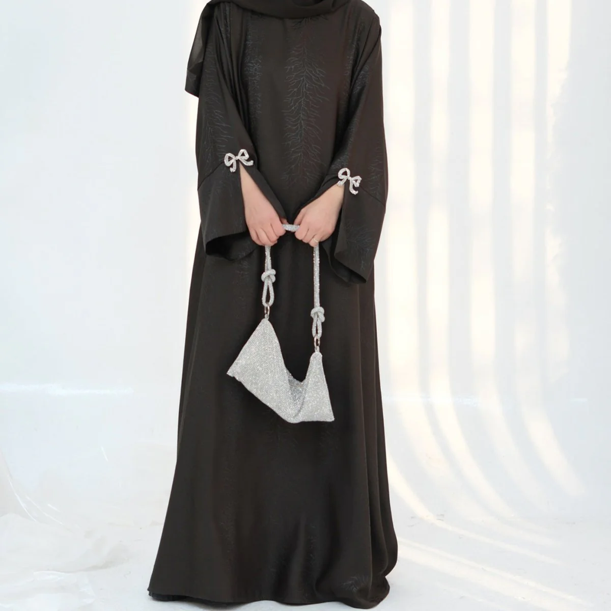 3D Jacquard Bow Abaya & Hijab Set | Butterfly Sleeve Brocade Dress(MA352) - Image 6