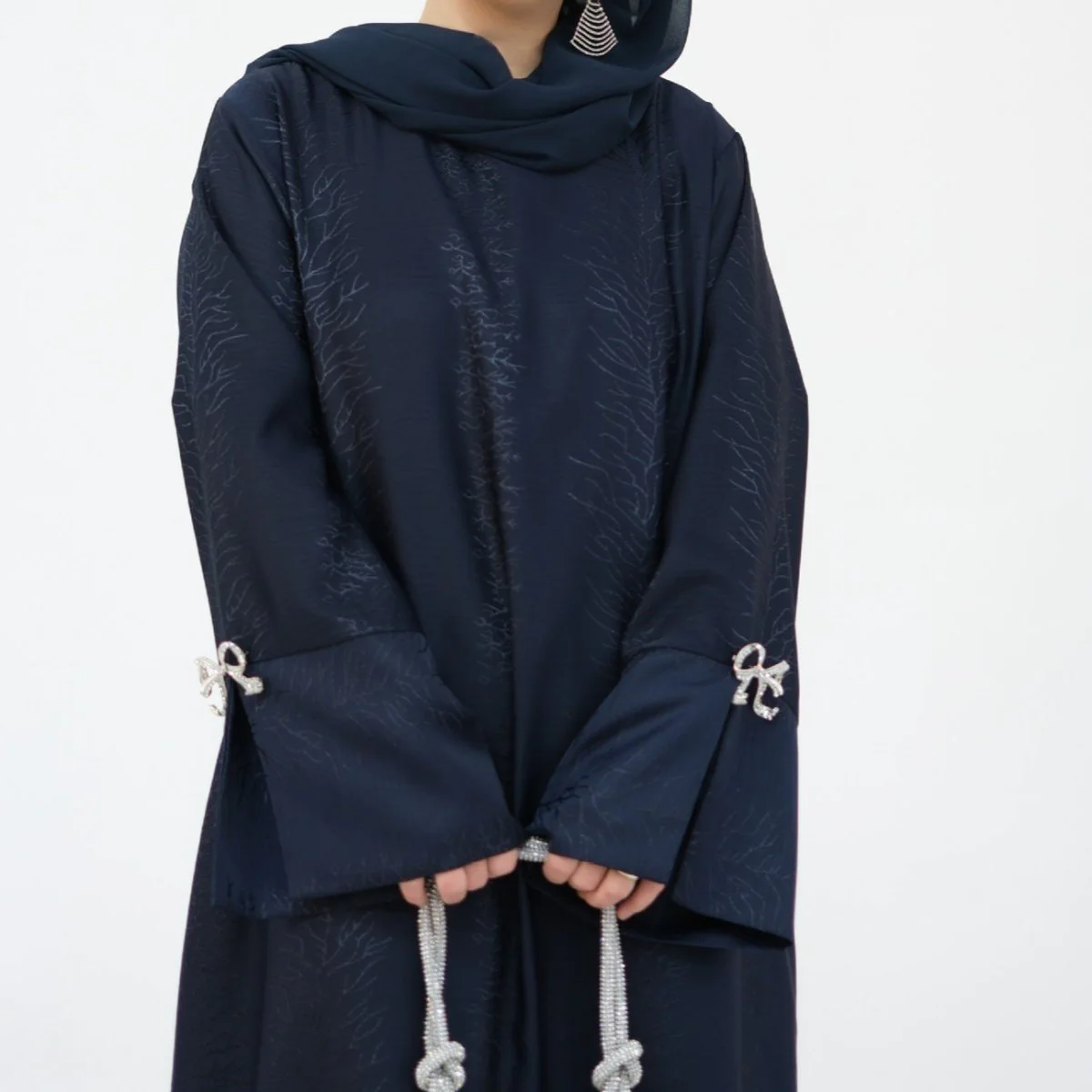 3D Jacquard Bow Abaya & Hijab Set | Butterfly Sleeve Brocade Dress(MA352) - Image 7