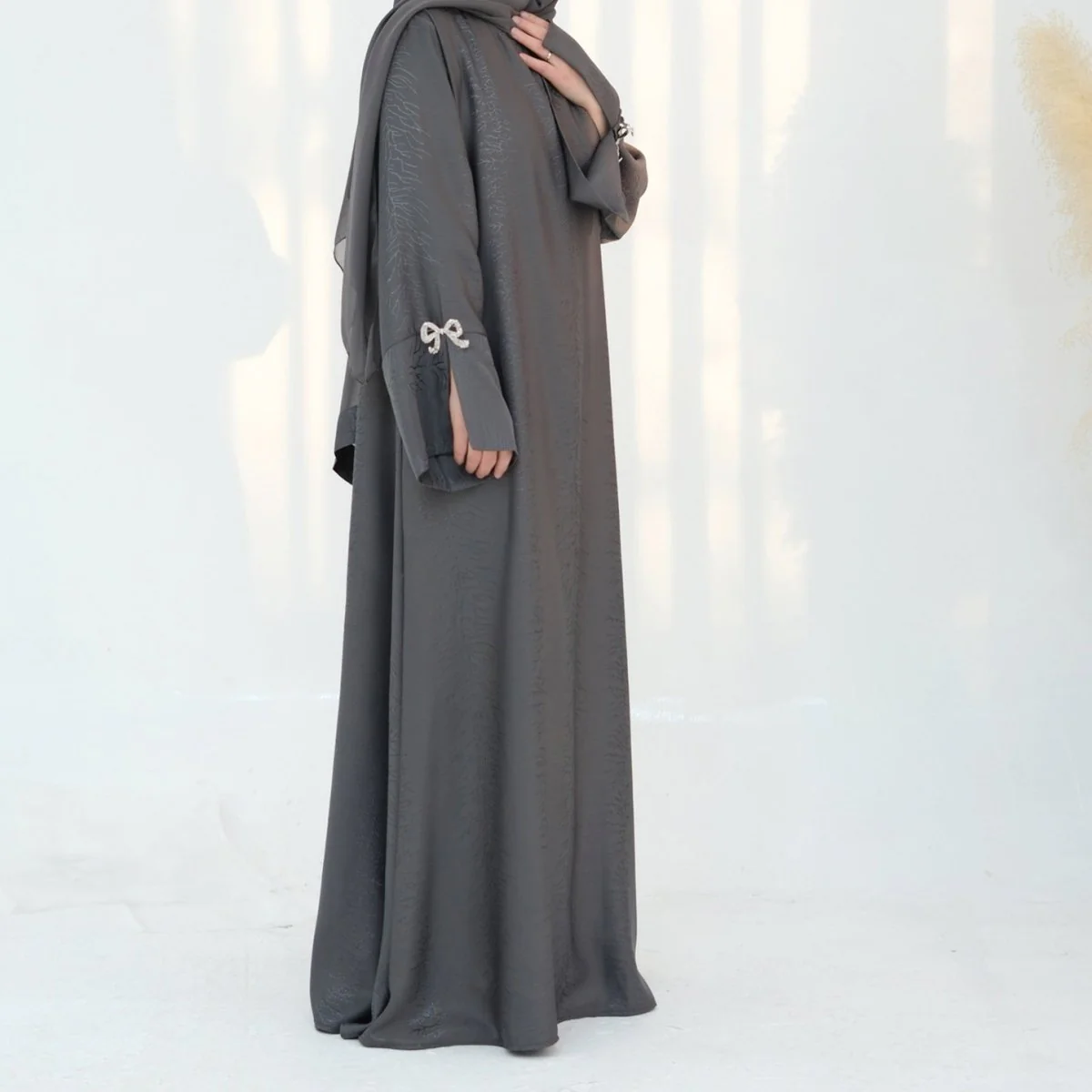 3D Jacquard Bow Abaya & Hijab Set | Butterfly Sleeve Brocade Dress(MA352) - Image 8
