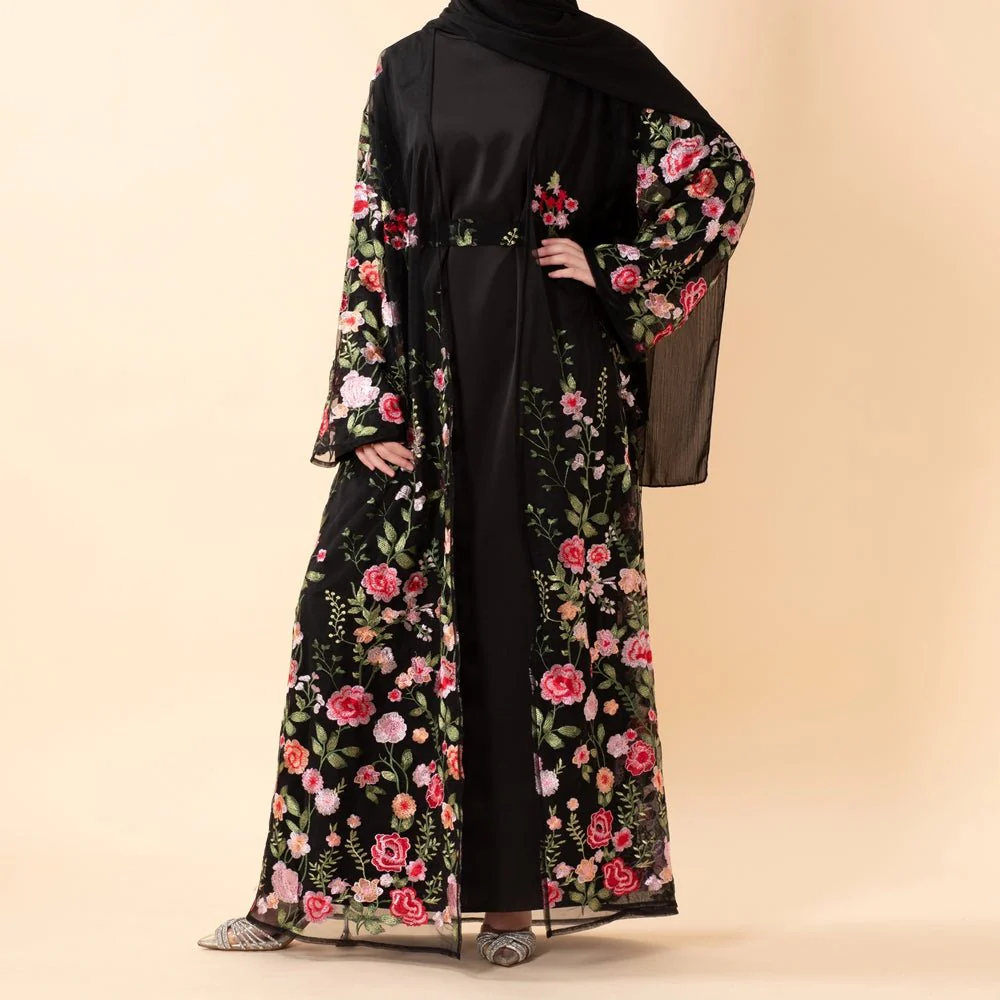 3D-Style Rose Garden Embroidered Open Abaya (MOA275) - Image 2