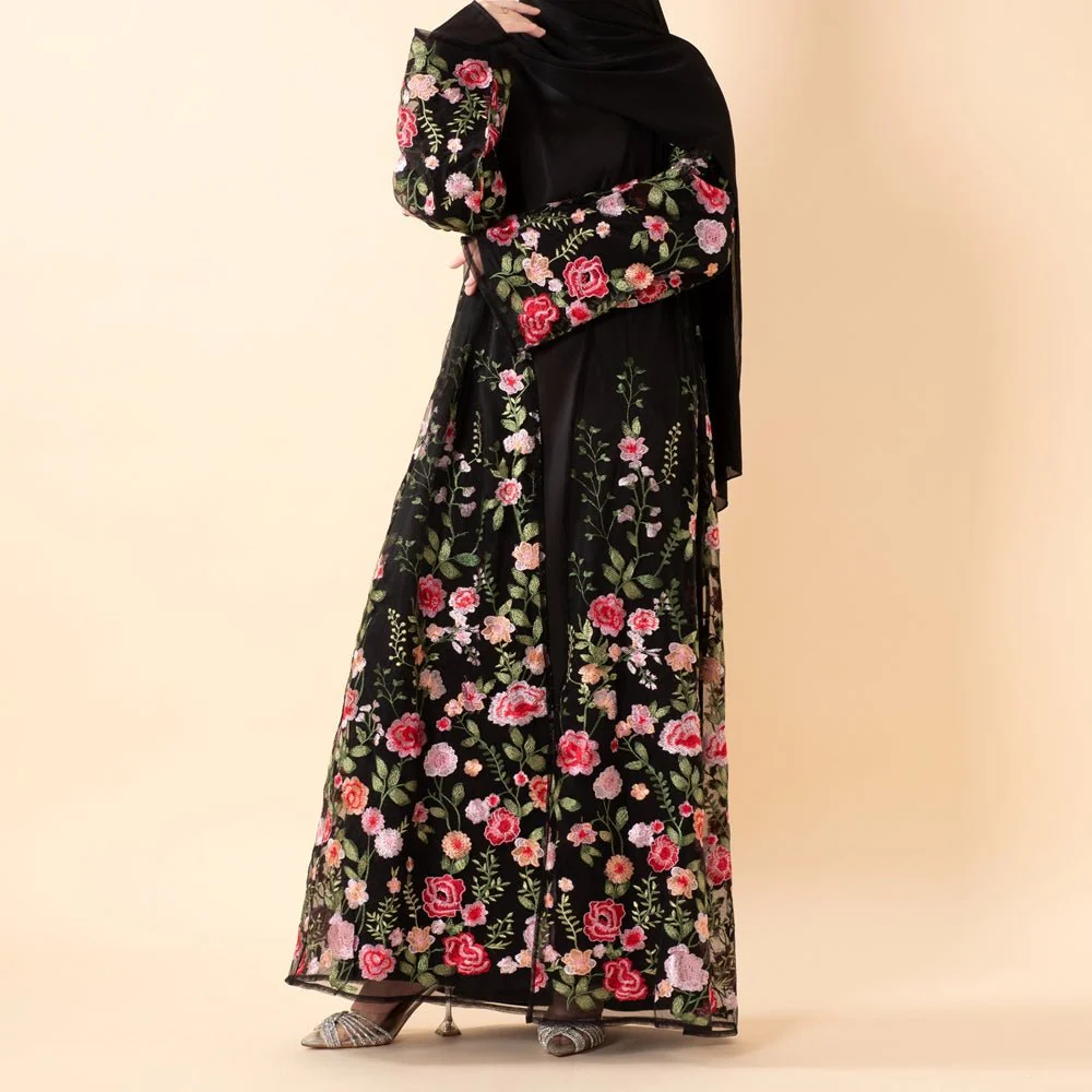 3D-Style Rose Garden Embroidered Open Abaya (MOA275) - Image 3