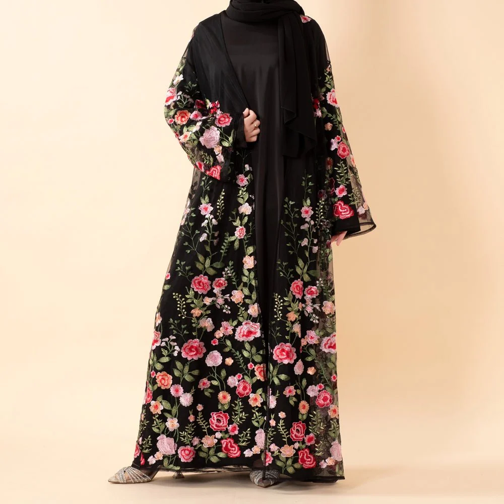 3D-Style Rose Garden Embroidered Open Abaya (MOA275) - Image 4