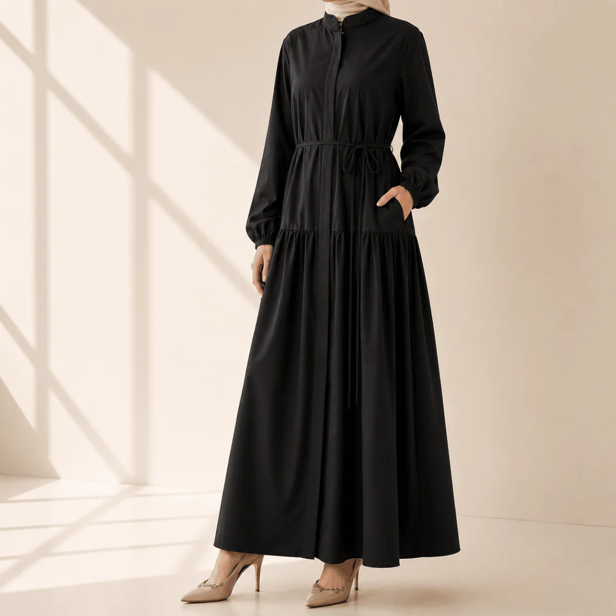 A-Line Trench Shirt Maxi Dress with Pockets(MA422) - Image 2