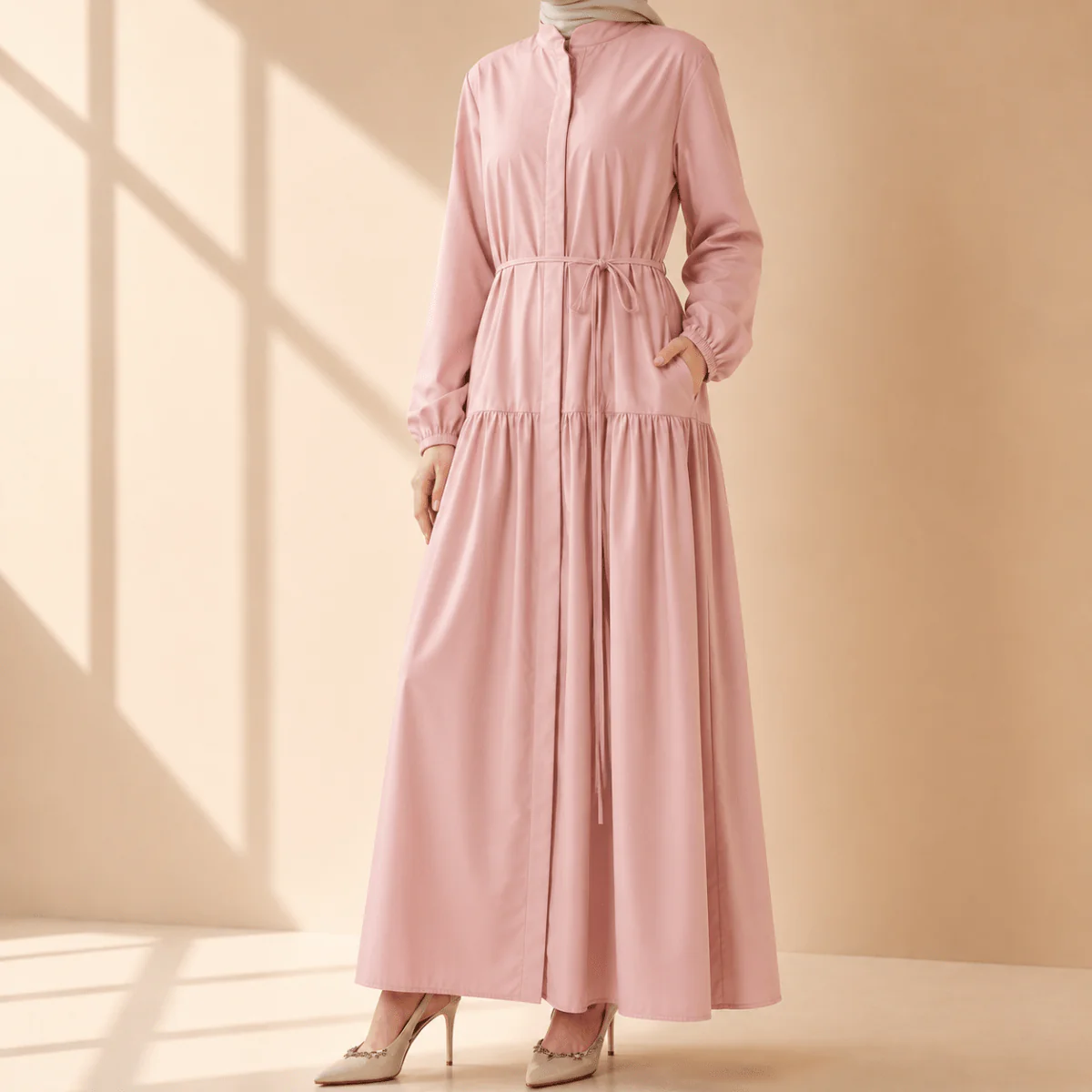 A-Line Trench Shirt Maxi Dress with Pockets(MA422) - Image 3