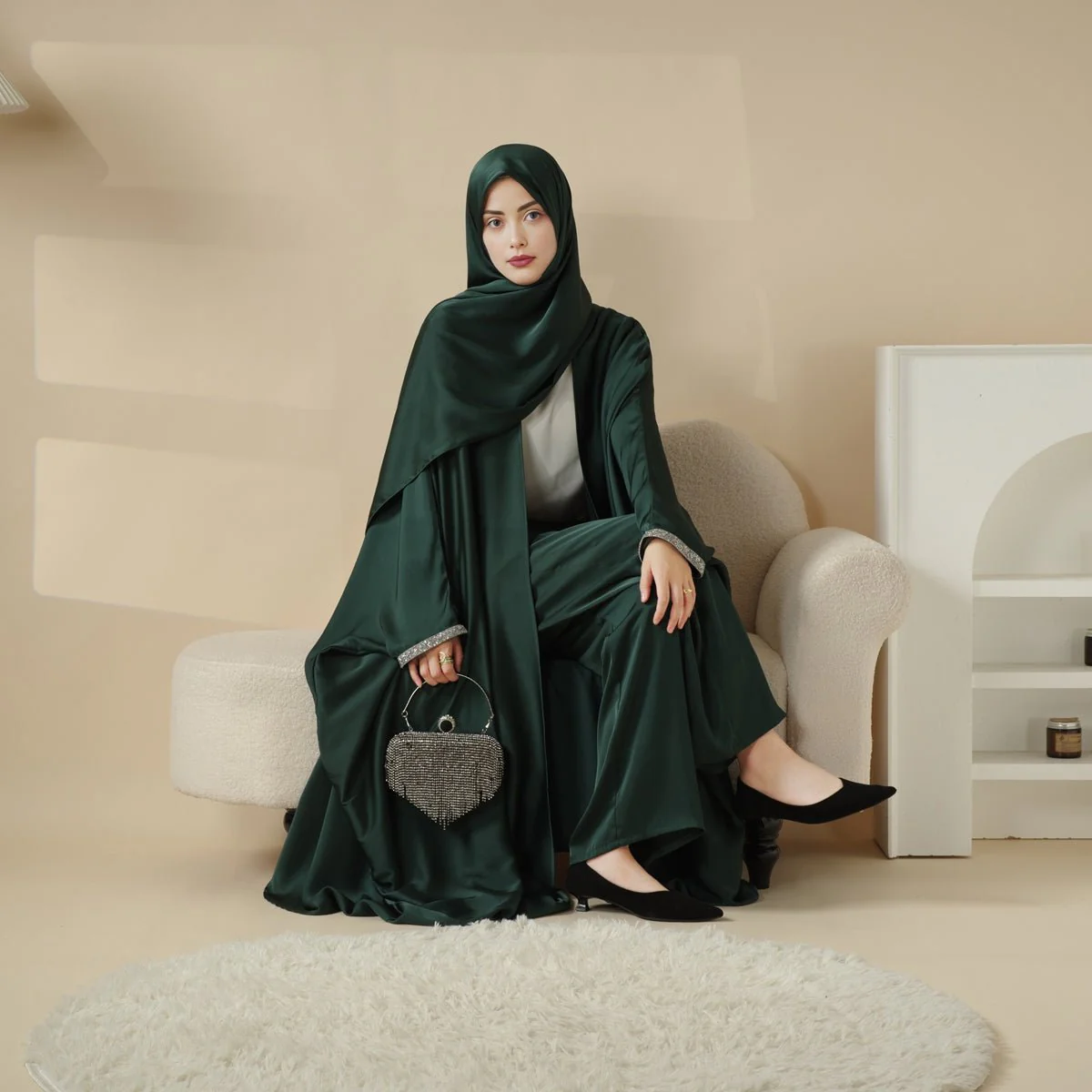 Abaya With Satin Shirt And Rhinestone Trousers | 4-Piece Set Abaya (MOA060) - Image 10