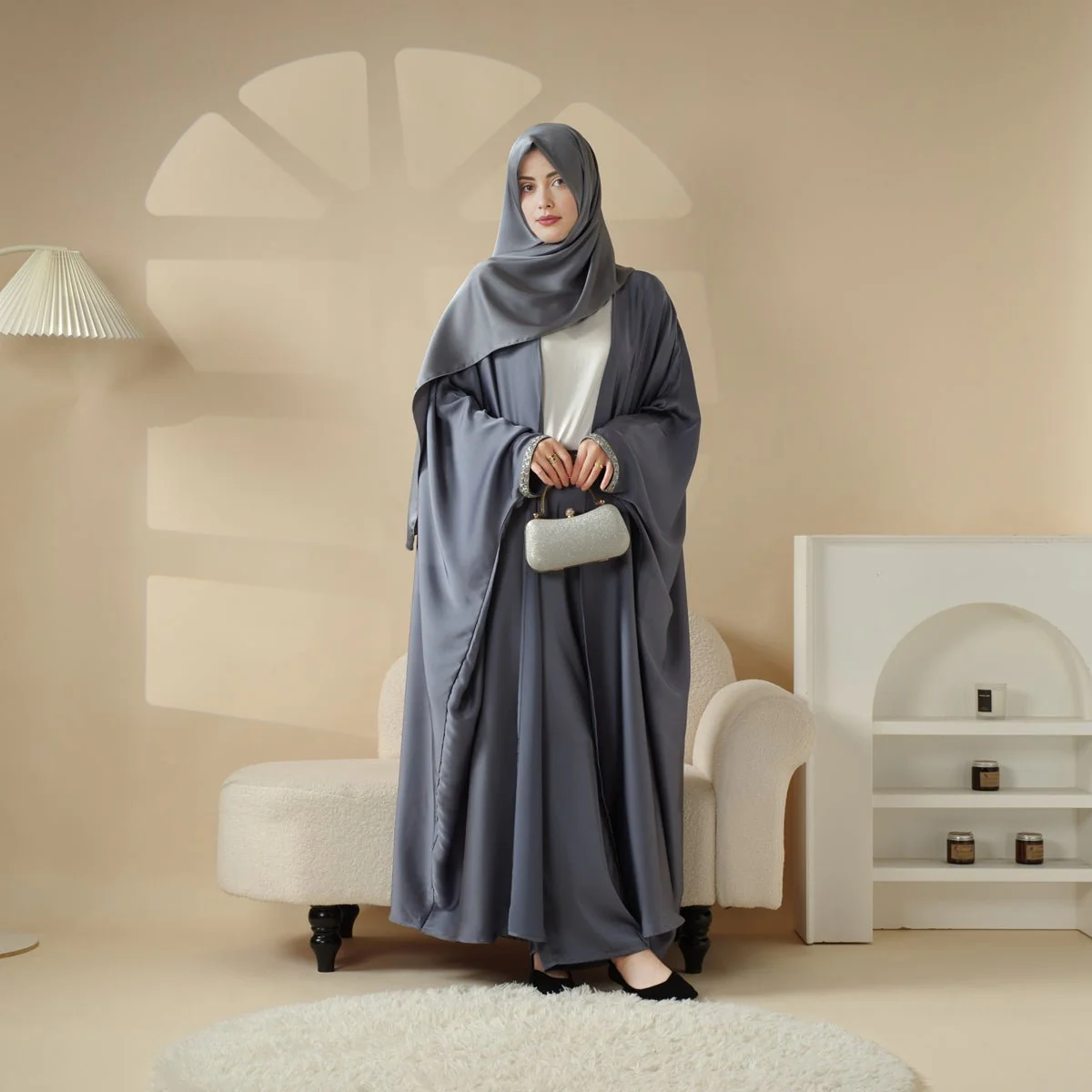 Abaya With Satin Shirt And Rhinestone Trousers | 4-Piece Set Abaya (MOA060) - Image 11